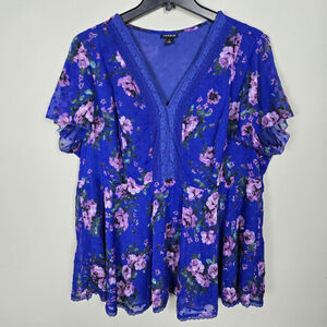 Torrid Womens Floral Lace Trim Babydoll Top Size 1X Blue Boho Bloomcore Feminine
